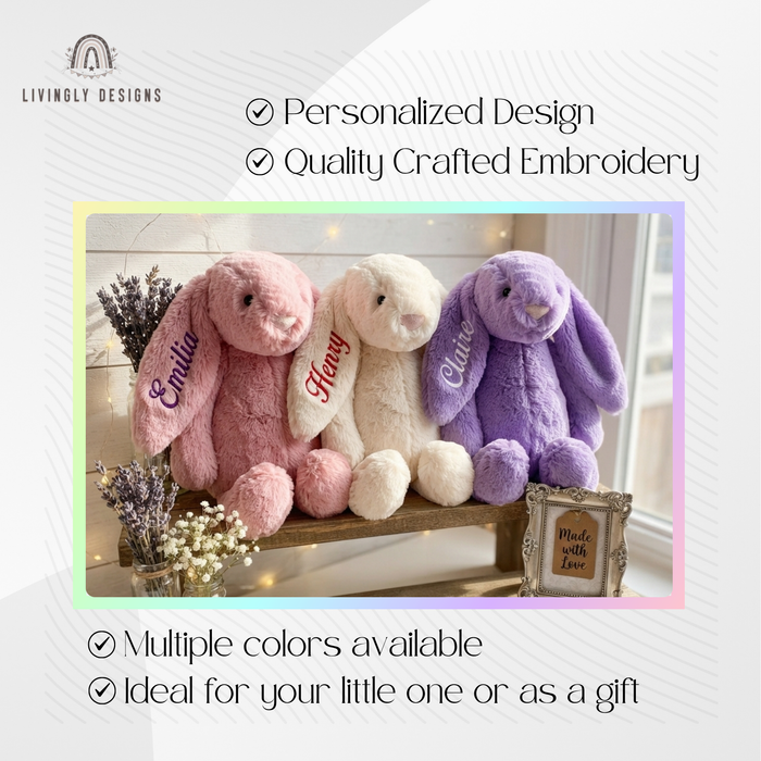 Three bunny plush toys named Emilia, Henry, and Claire with product feature highlights.