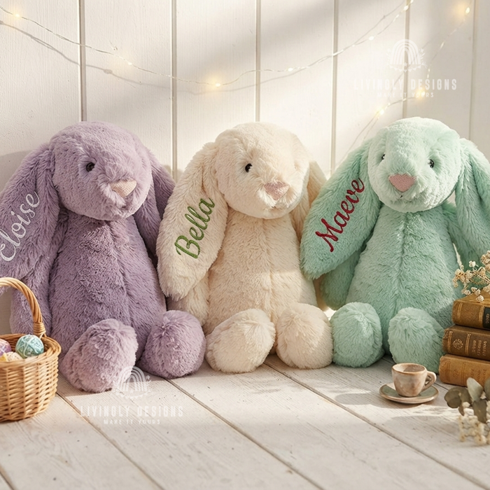 Three bunny plush toys named Eloise, Bella, and Maeve.