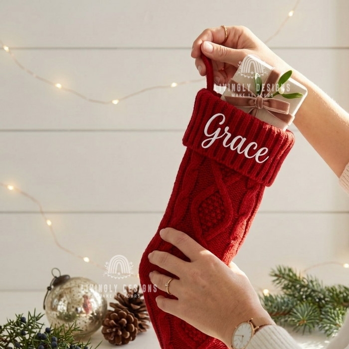 Red knit stocking with the name "Grace"