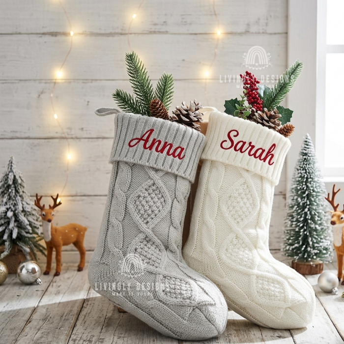 Gray and white knit stockings with the names "Anna" and "Sarah"
