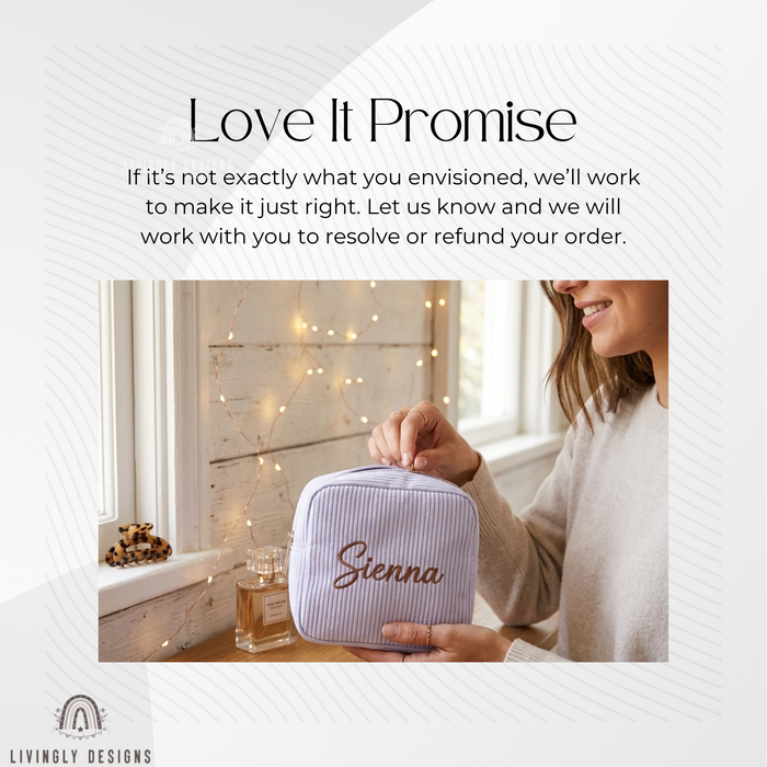 Woman holding lavender corduroy makeup bag personalized with the name Sienna