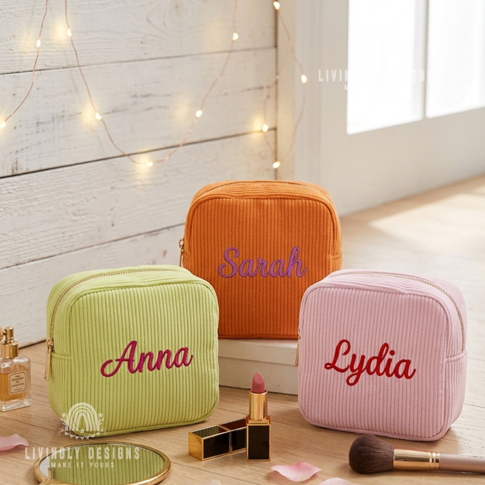 Orange, green, and pink corduroy makeup bags personalized with names Sarah, Anna, and Lydia