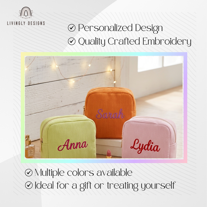 Orange, green, and pink corduroy makeup bags personalized with names Sarah, Anna, and Lydia