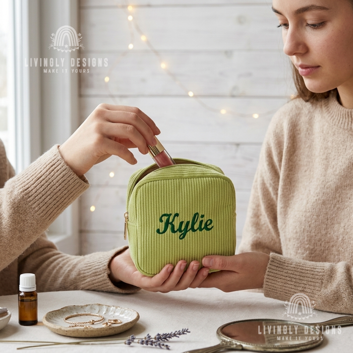 Woman holding green corduroy makeup bag personalized with the name Kylie