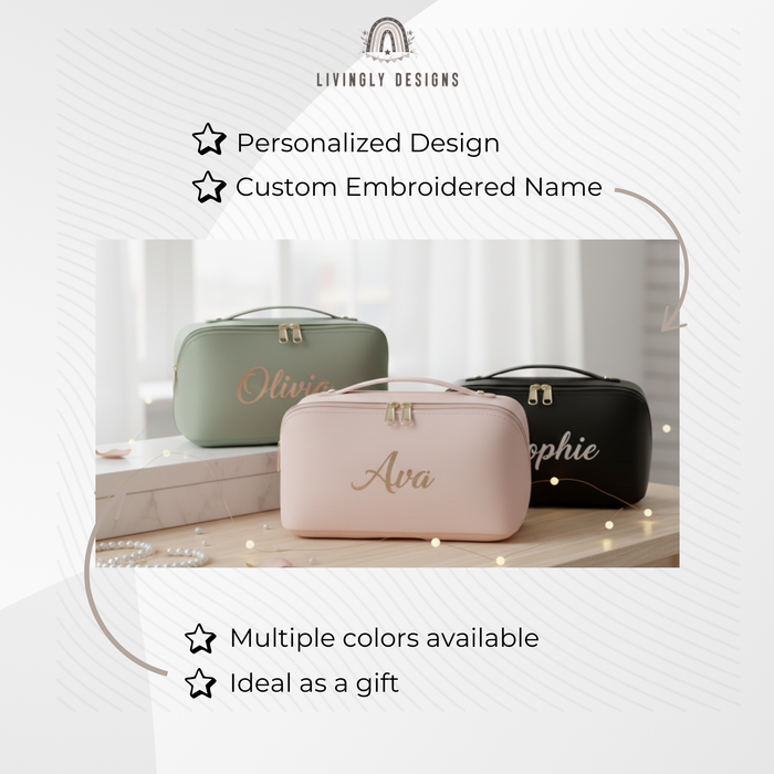 Infographic card for custom makeup bags highlighting features like personalized design, custom embroidered name, multiple available colors, and ideal gift potential above a photo of personalized green, pink, and black cosmetic pouches.