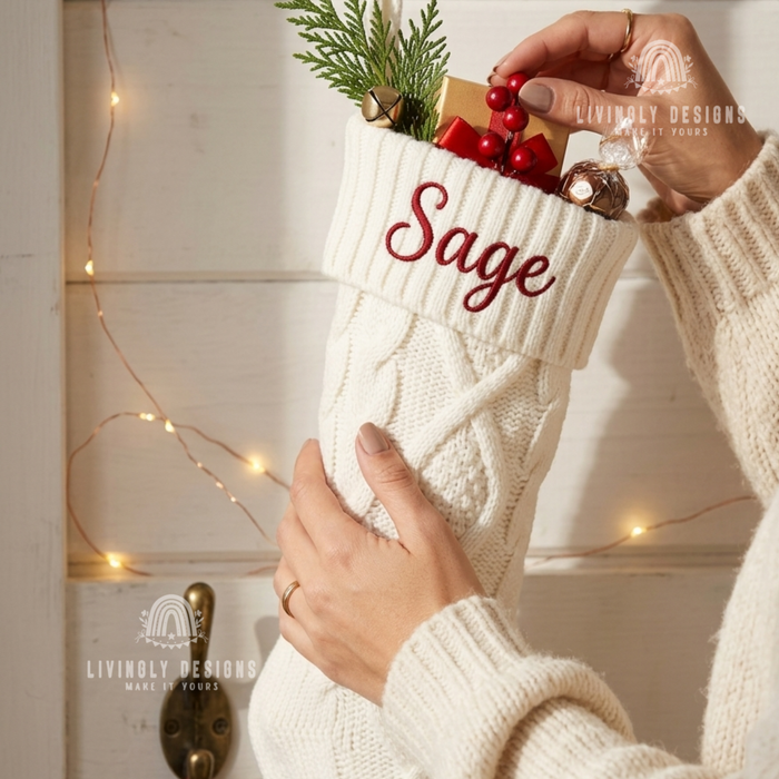 Cream knit stocking with the name "Sage"