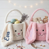 Cream and pink bunny Easter baskets personalized with names Eva and Emilia