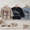 Three sweaters, beige, navy, and blue, named Noah, Nora, and Nina.