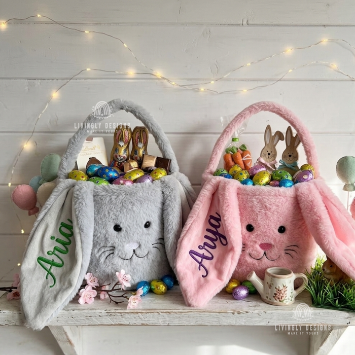 Grey and pink bunny Easter baskets personalized with names Aria and Arya