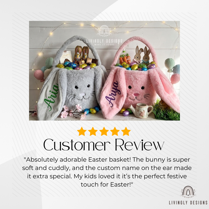 Grey and pink bunny Easter baskets personalized with names Aria and Arya