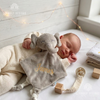 Sleeping baby with grey elephant security blanket named James