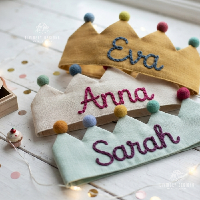 Three fabric crowns named Eva, Anna, and Sarah.