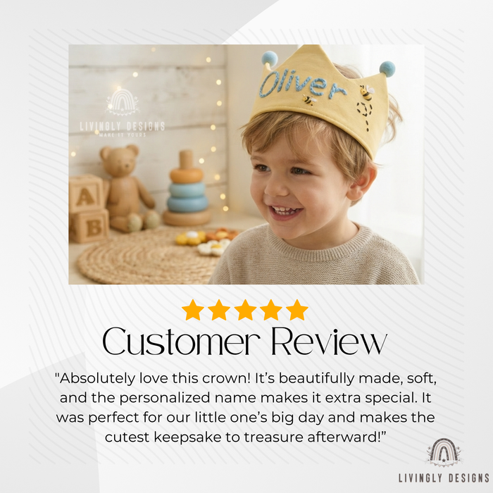 Boy wearing a fabric crown named Oliver, with a five-star customer review.