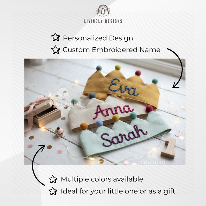  Three fabric crowns named Eva, Anna, and Sarah with product feature highlights.
