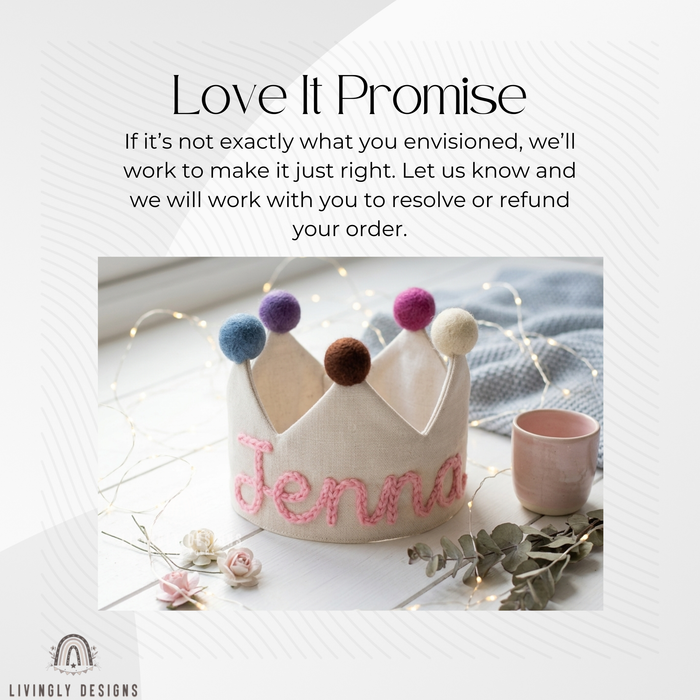 Fabric crown named Jenna with a "Love It Promise" satisfaction guarantee.
