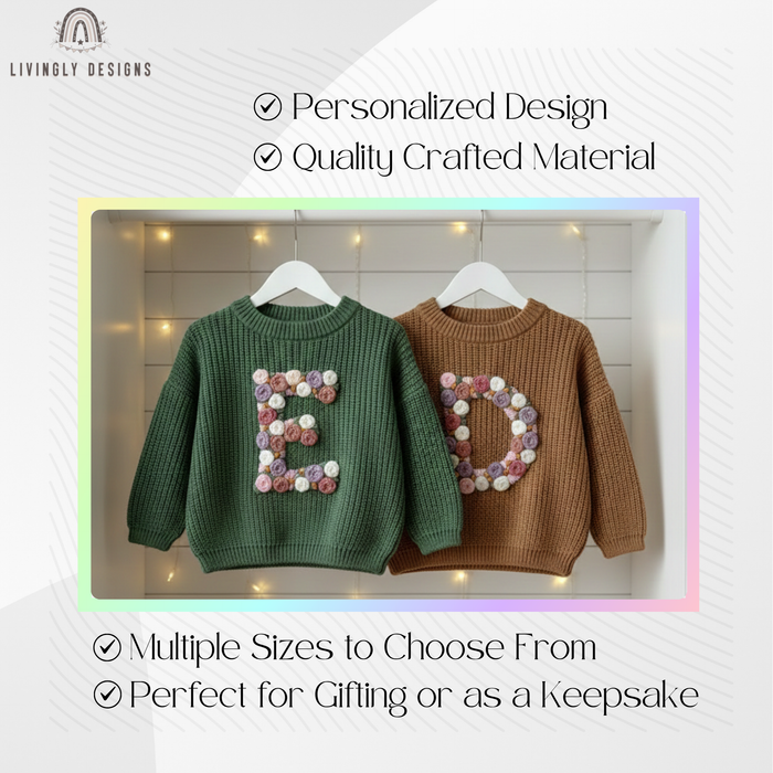 Promotional graphic highlighting personalized design, quality crafted material, multiple size choices, and gifting features with green and brown floral-letter knit baby sweaters.