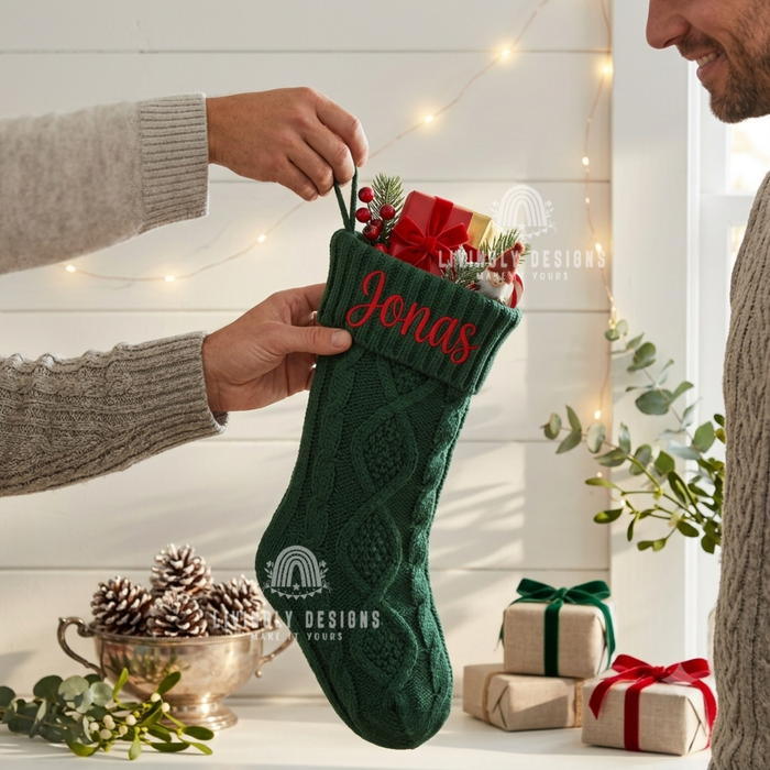 Green knit stocking with the name "Jonas"
