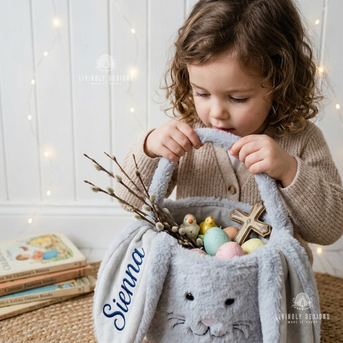Girl holding grey bunny Easter basket named Sienna