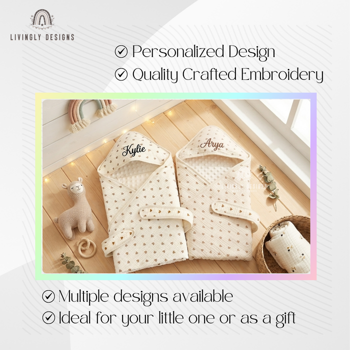 Two hooded blankets named Kylie and Arya, with product feature highlights