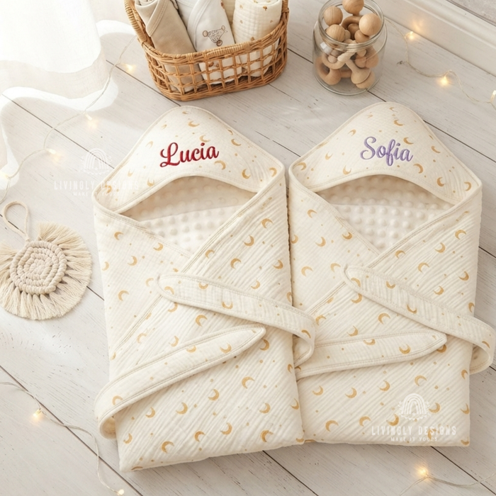 Two hooded blankets named Lucia and Sofia.