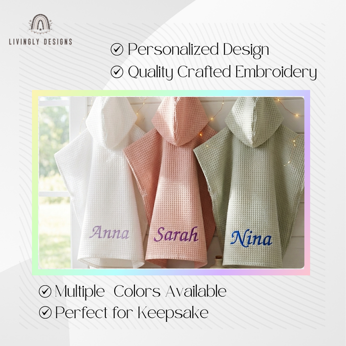 Three custom embroidered kids hooded waffle bathrobes in white, pink, and sage green hanging together with feature text highlighting personalized design and multiple color options