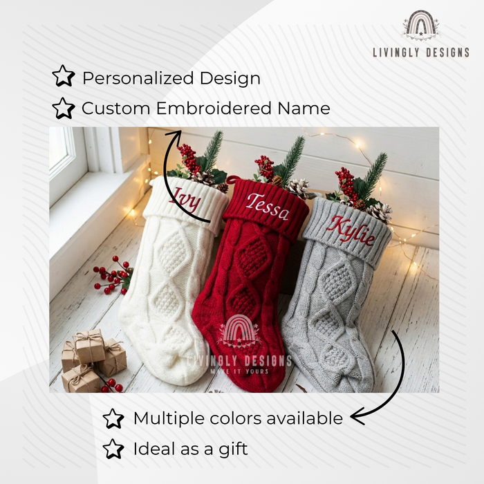 White, red, and gray knit stockings with the names "Ivy," "Tessa," and "Kylie"
