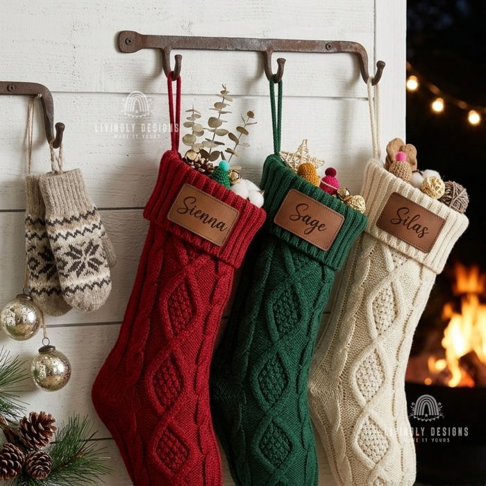 Red, green, and cream knit stockings with leather patches for "Sienna," "Sage," and "Silas"