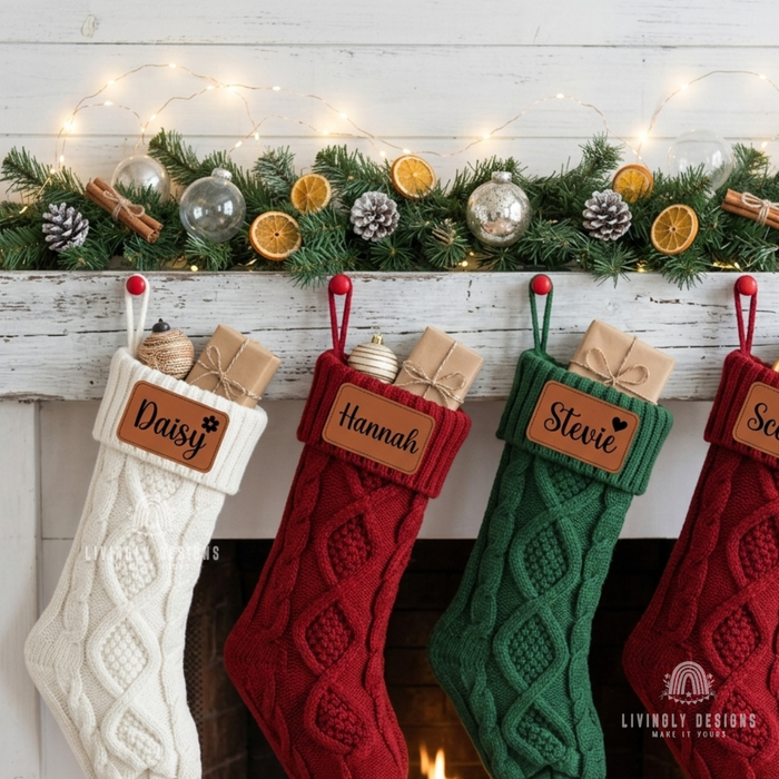 White, red, green, and red knit stockings with leather patches for "Daisy," "Hannah," "Stevie," and more