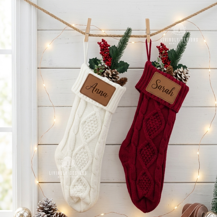 White and red knit stockings with leather patches for "Anna" and "Sarah"