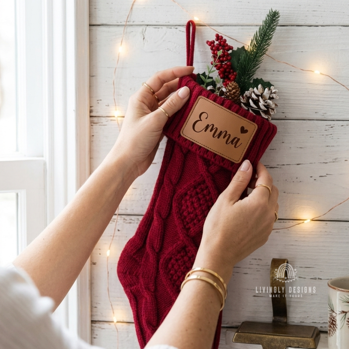 Red knit stocking with a leather patch for "Emma"