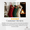 Red, green, and cream knit stockings with leather patches for "Sienna," "Sage," and "Silas"