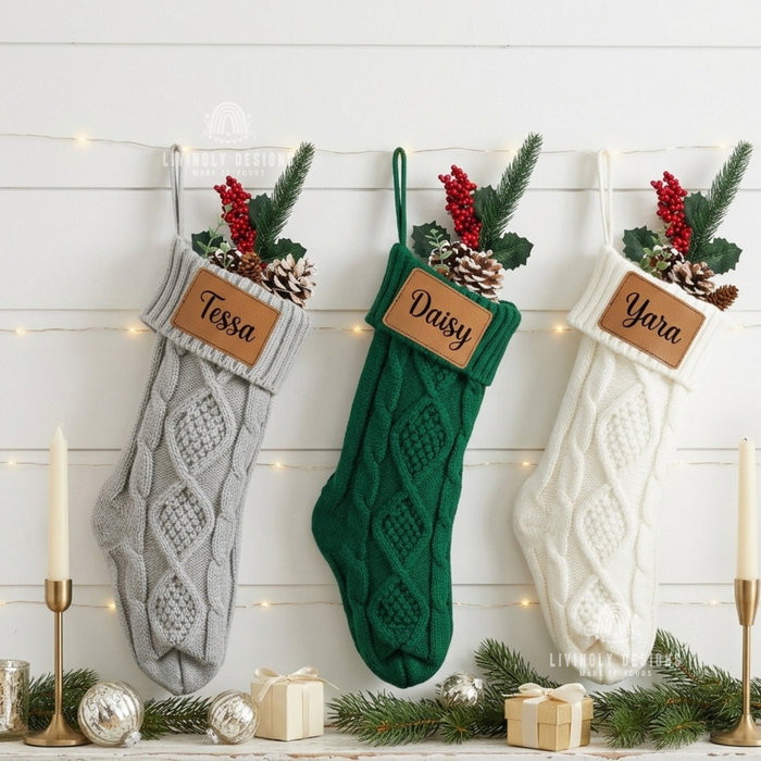 Gray, green, and white knit stockings with leather patches for "Tessa," "Daisy," and "Yara"