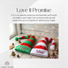 Green and red striped elf hats with the names "Sage" and "Silas"
