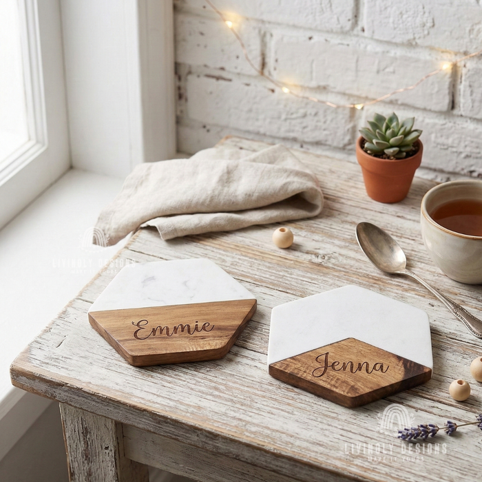 Two hexagonal white marble and wood coasters engraved with the names "Emmie" and "Jenna," displayed on a rustic wooden table