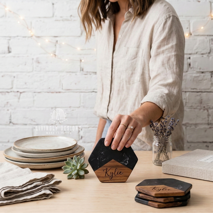 Woman placing a hexagonal black marble and wood coaster engraved with the name "Kylie" on a table