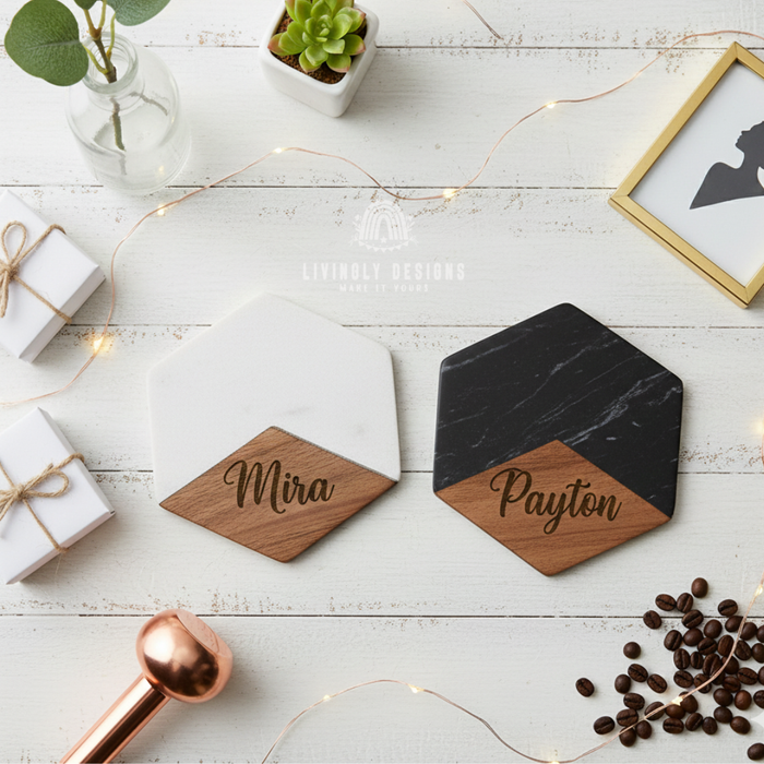 Two hexagonal marble and wood coasters engraved with the names "Mira" and "Payton"