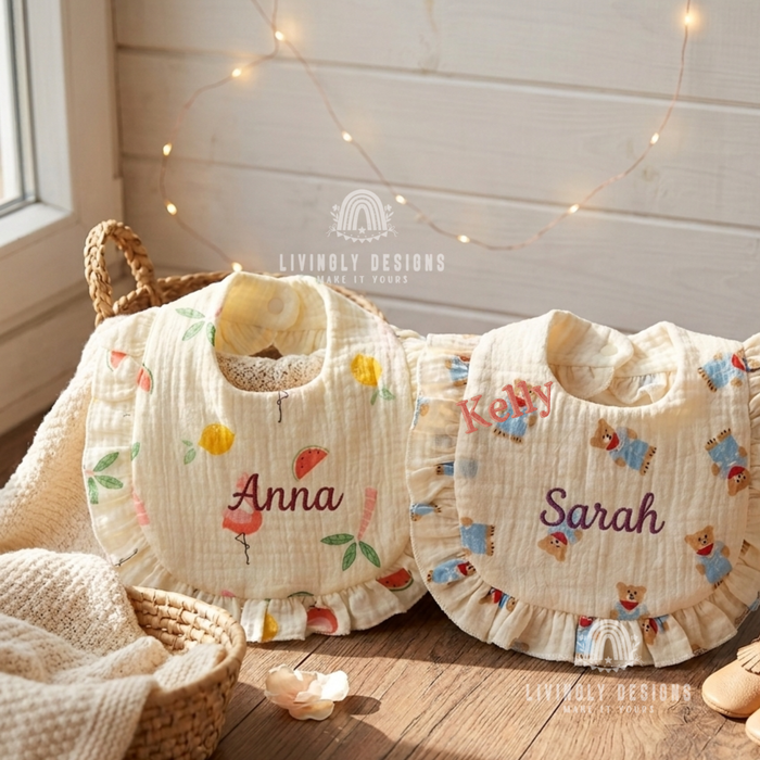 Ruffled bibs personalized with names Anna and Sarah