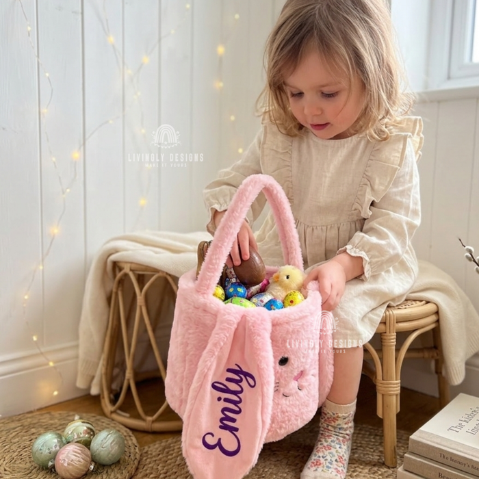 Girl with pink bunny Easter basket named Emily