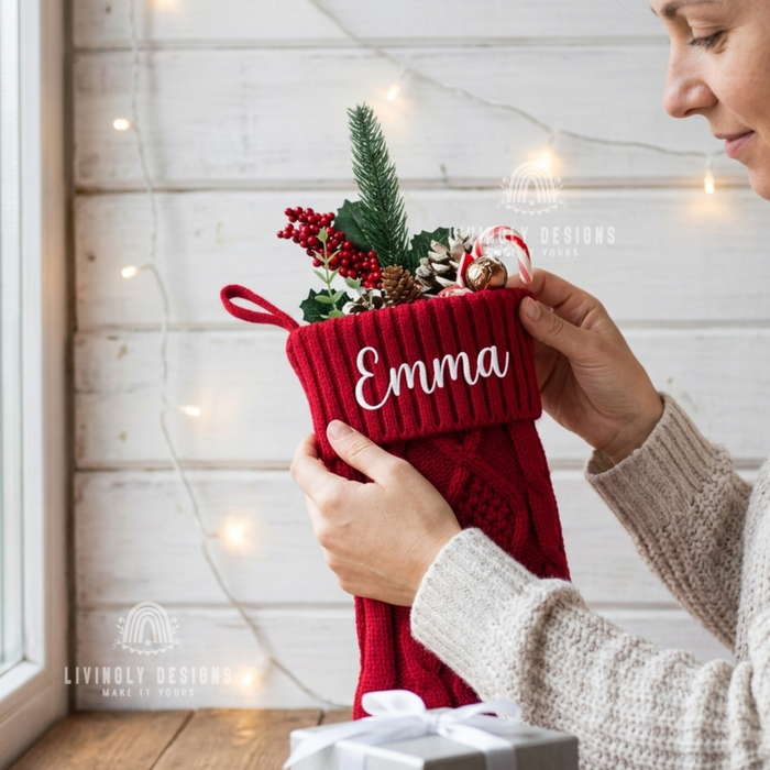 Red knit stocking with the name "Emma"