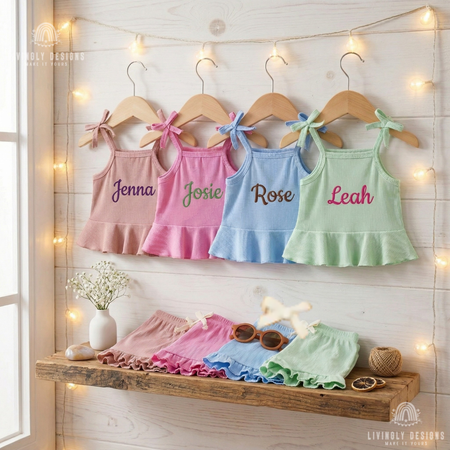 Ribbed tank and shorts sets personalized with names Jenna, Josie, Rose, and Leah