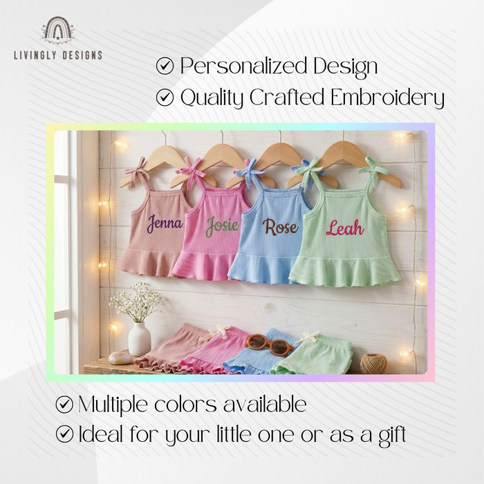 Ribbed tank and shorts sets personalized with names Jenna, Josie, Rose, and Leah