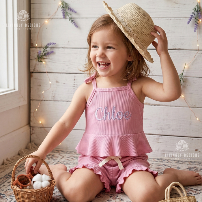 Girl wearing pink ribbed tank set named Chloe

