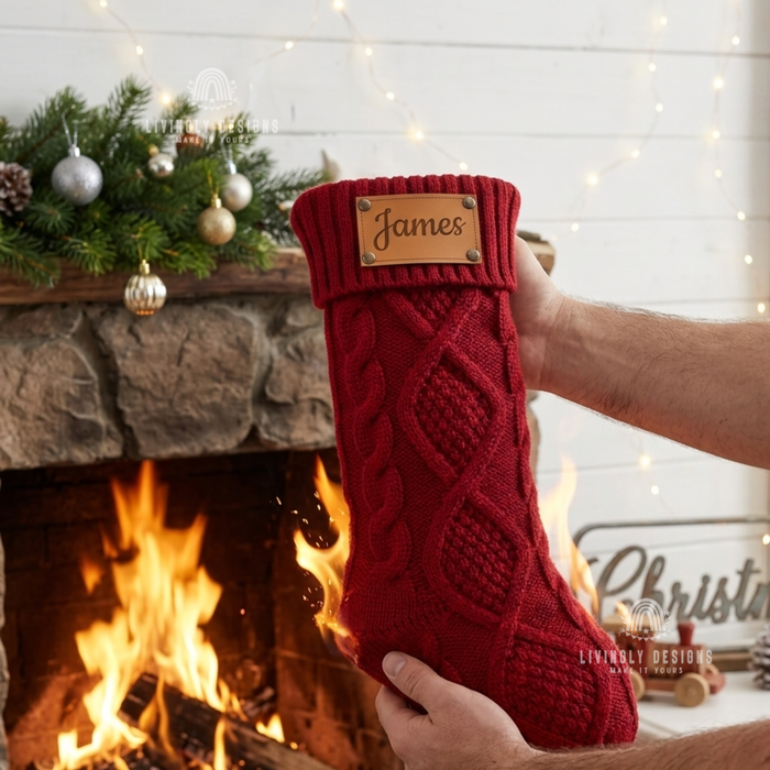 Red knit stocking with a riveted leather patch for "James"