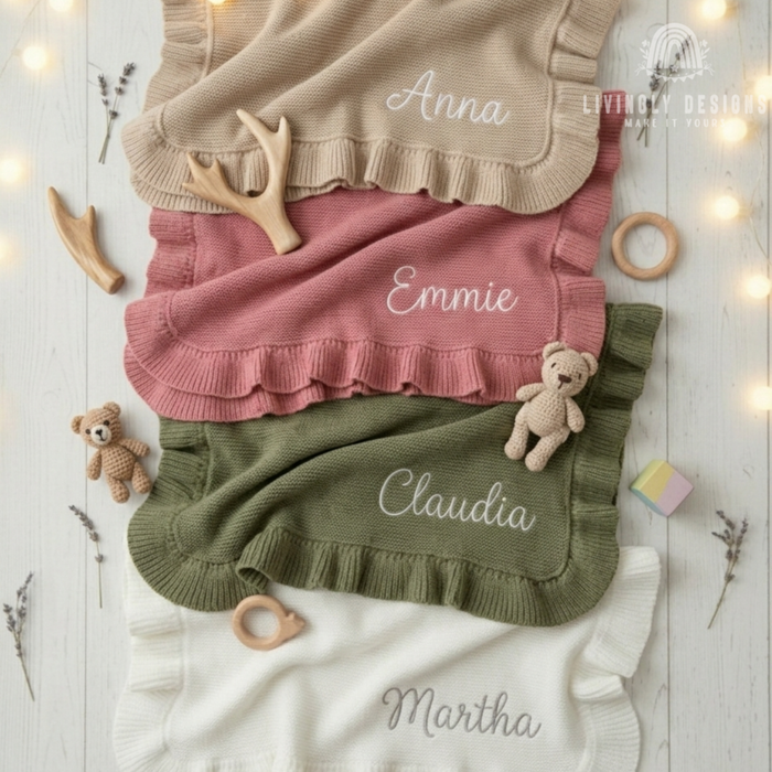Knit ruffle-edge blankets personalized with names Anna, Emmie, Claudia, and Martha