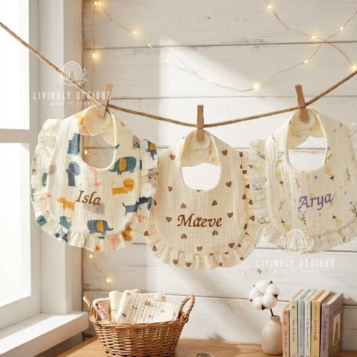 Ruffled bibs personalized with names Isla, Maeve, and Arya