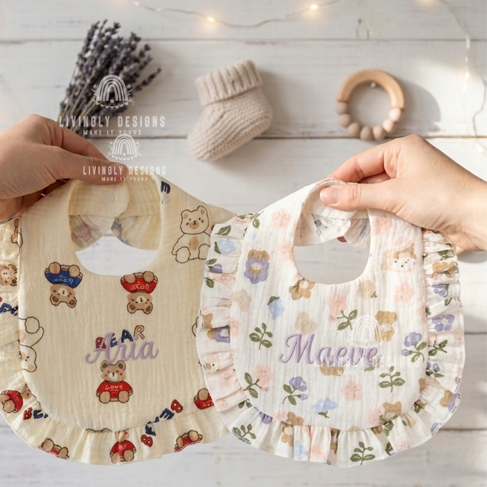 Ruffled bibs personalized with names Aria and Maeve