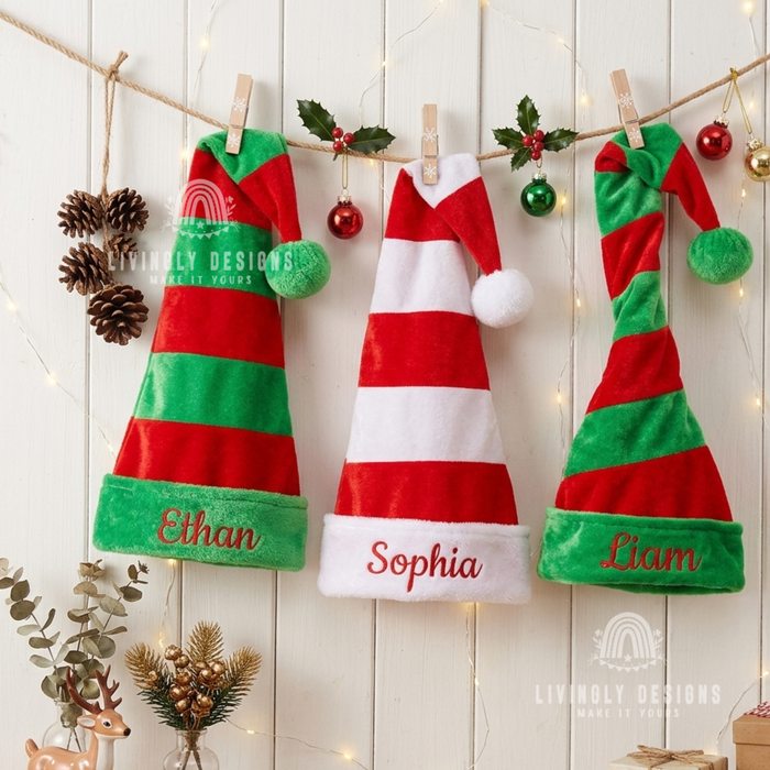 Green/red and red/white striped hats with the names "Ethan," "Sophia," and "Liam"