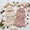 Beige and pink ribbed tank sets personalized with names Claire and Eva