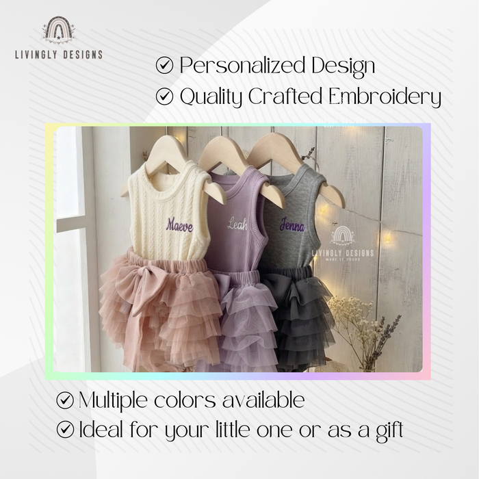 Cream, purple, and gray tank-top rompers with ruffled tutu bottoms, personalized with the names "Maeve," "Leah," and "Jenna"