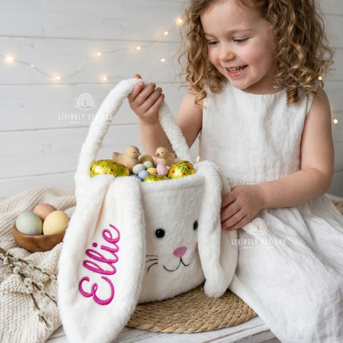 Girl with white bunny Easter basket named Ellie